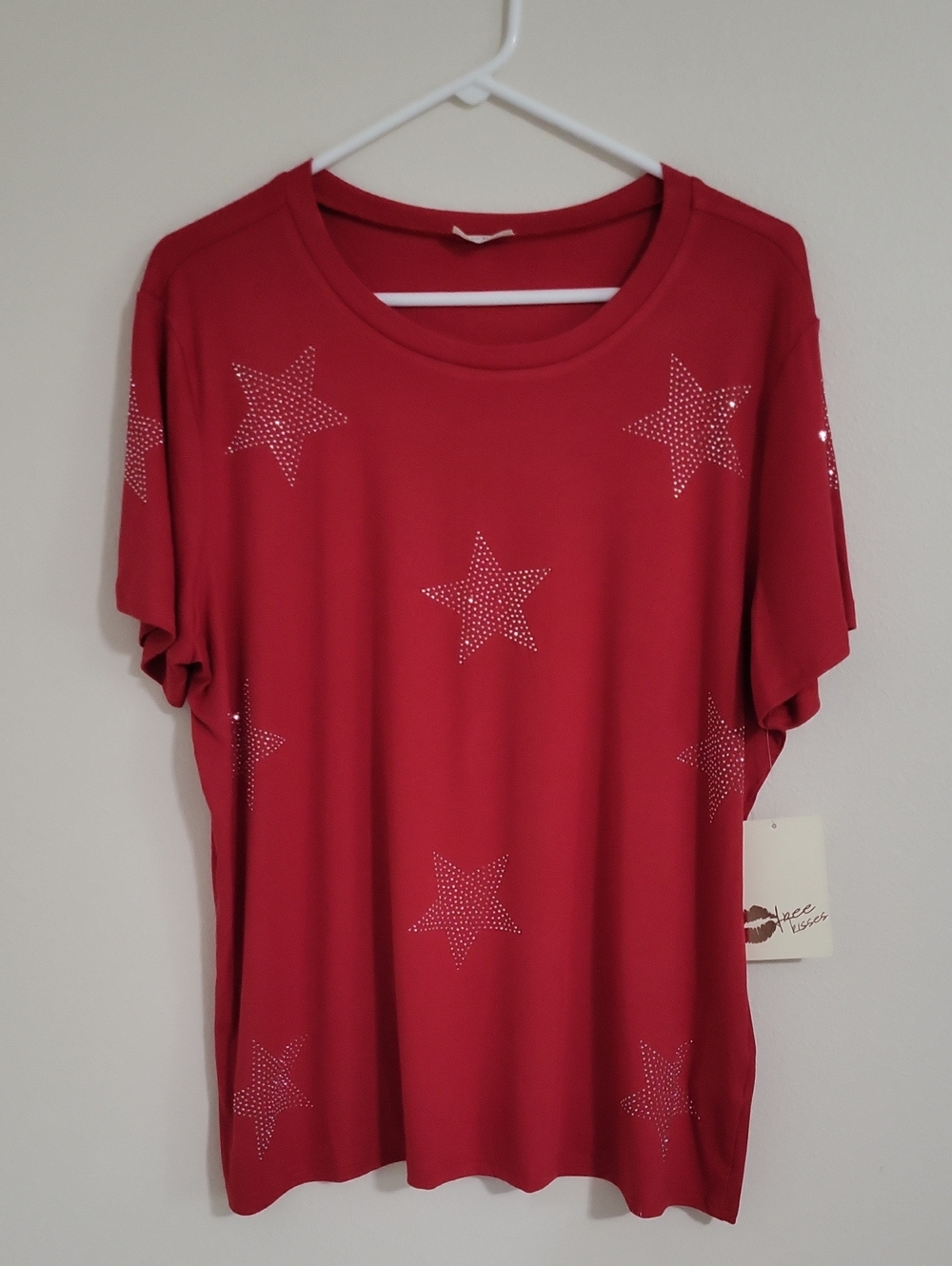 Free Kisses Red Short Sleeve Tee with Silver Star Studs